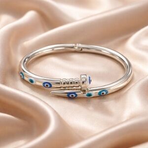 NEW NEW Blue & White Evil Eye Enamel Silver Bangle